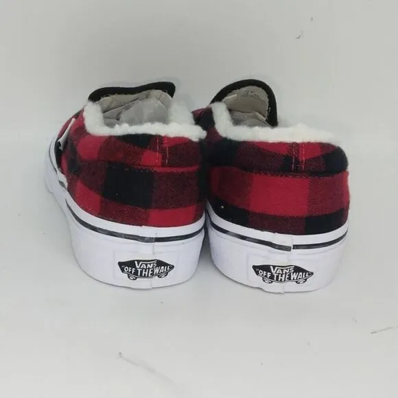 VANS Classic Slip-on Kids NEW w/Tags Red/Black Plaid Sherpa Sneakers - sz. 1 1/2