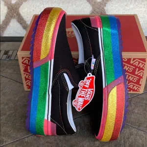 ••VANS CLASSIC SLIP ON S PLATFORMS GLITTER BLK/R W