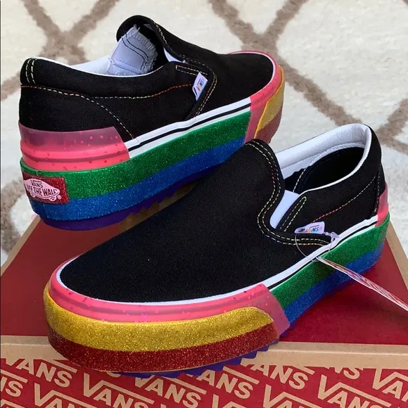 ••VANS CLASSIC SLIP ON S PLATFORMS GLITTER BLK/R W