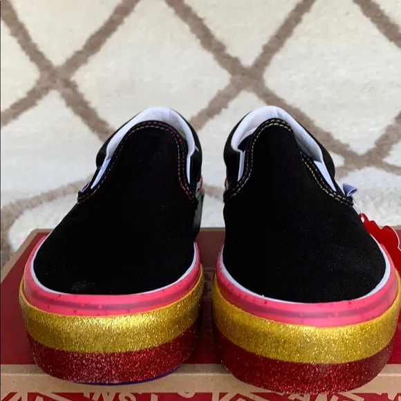 ••VANS CLASSIC SLIP ON S PLATFORMS GLITTER BLK/R W