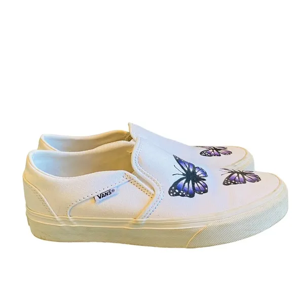 VANS Custom Hand Painted Butterfly Slip On Sneakers