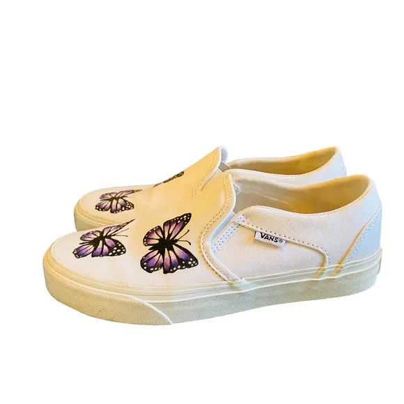 VANS Custom Hand Painted Butterfly Slip On Sneakers