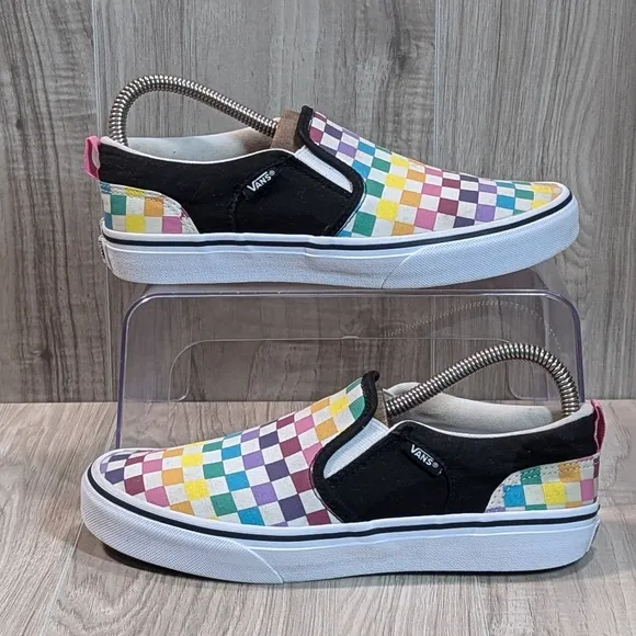 VANS GIRLS Asher RAINBOW Checks Slip-On Sneakers SIZE Missy 5