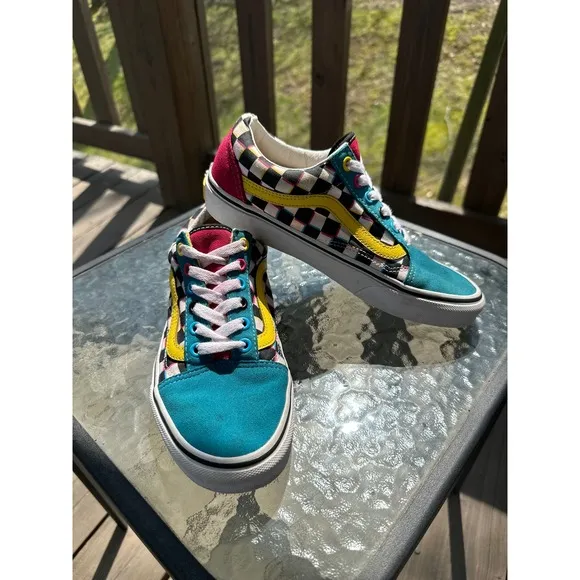 Vans Old Skool Sneakers Checkerboard Suede Teal Yellow Pink Women's 7.5 Men 6