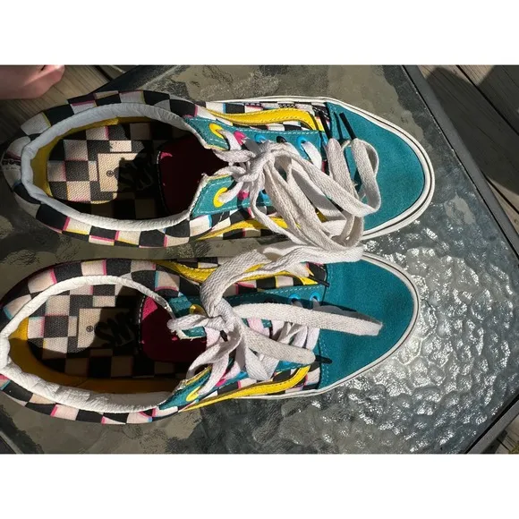 Vans Old Skool Sneakers Checkerboard Suede Teal Yellow Pink Women's 7.5 Men 6