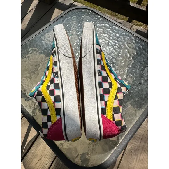 Vans Old Skool Sneakers Checkerboard Suede Teal Yellow Pink Women's 7.5 Men 6