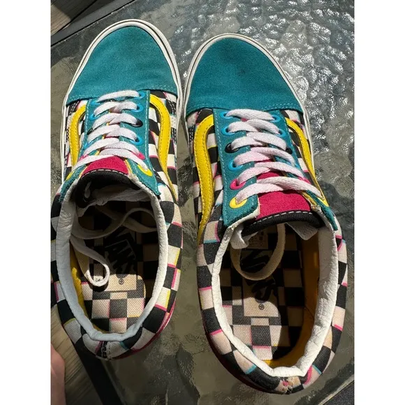 Vans Old Skool Sneakers Checkerboard Suede Teal Yellow Pink Women's 7.5 Men 6