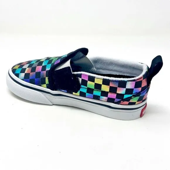 Vans Slip On V (Iridescent Check) Black White Toddler Baby Sneakers