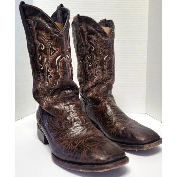 Veari Boots Crocodile Hornback Cowboy Western Rodeo10 Brown Stitch Square Toe