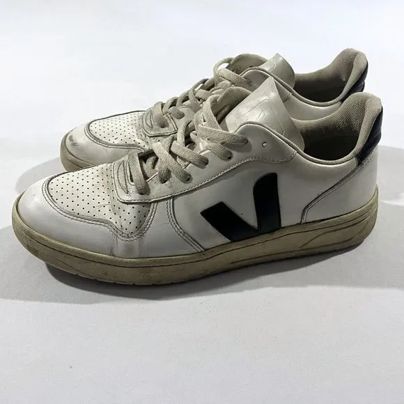 Veja V-10 Extra White Black Men's Sz 9 Leather Lace Up Shoes Sneakers Casual
