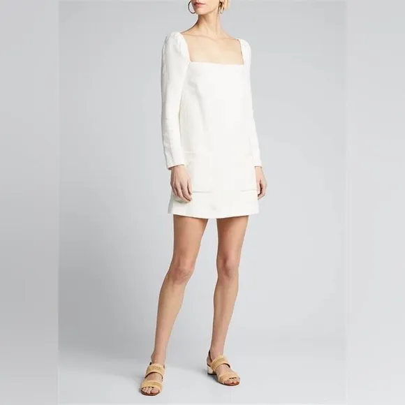 VERONICA BEARD Alona Tweed Square Neck Long Sleeve Mini Dress Ivory 8