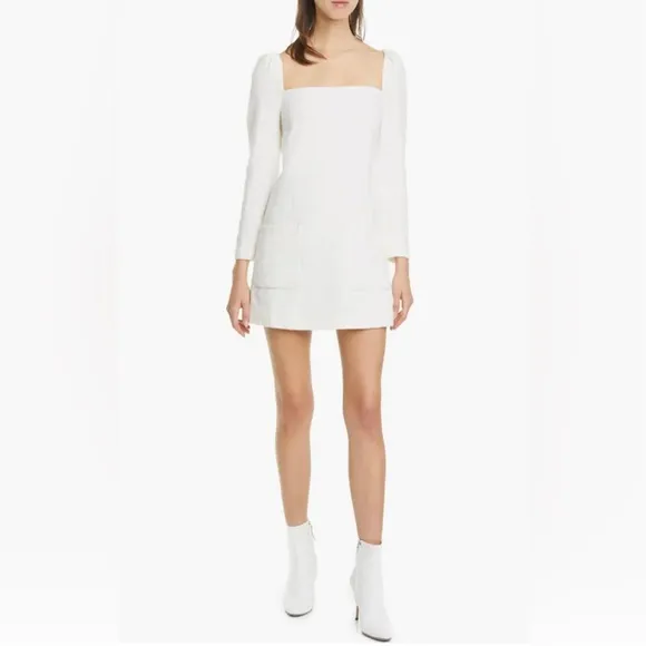 VERONICA BEARD Alona Tweed Square Neck Long Sleeve Mini Dress Ivory 8