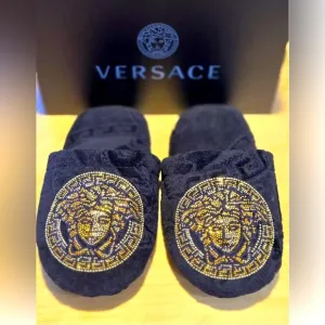 VERSACE Medusa Crystal Embellished Black &amp; Gold Bath Slippers Size 5.5 NWT