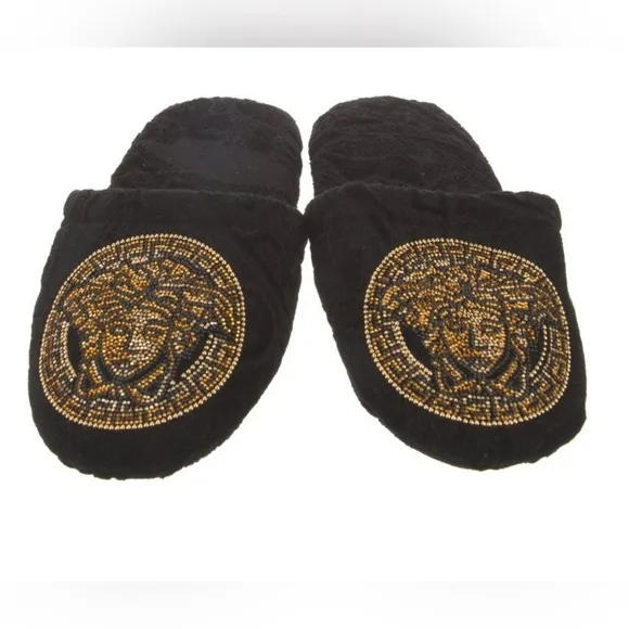 VERSACE Medusa Crystal Embellished Black &amp; Gold Bath Slippers Size 5.5 NWT