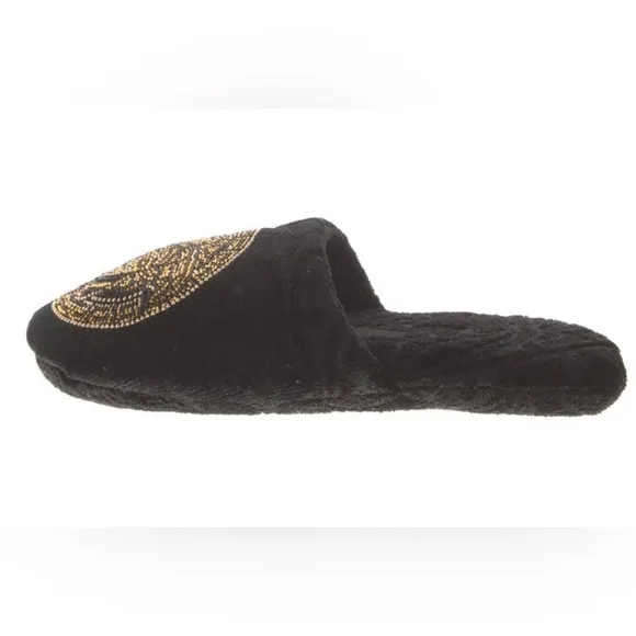 VERSACE Medusa Crystal Embellished Black &amp; Gold Bath Slippers Size 5.5 NWT