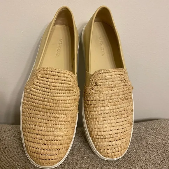 VINCE Natural Beige Raffia Cushioned Woven Goring Blair Slip On Sneakers