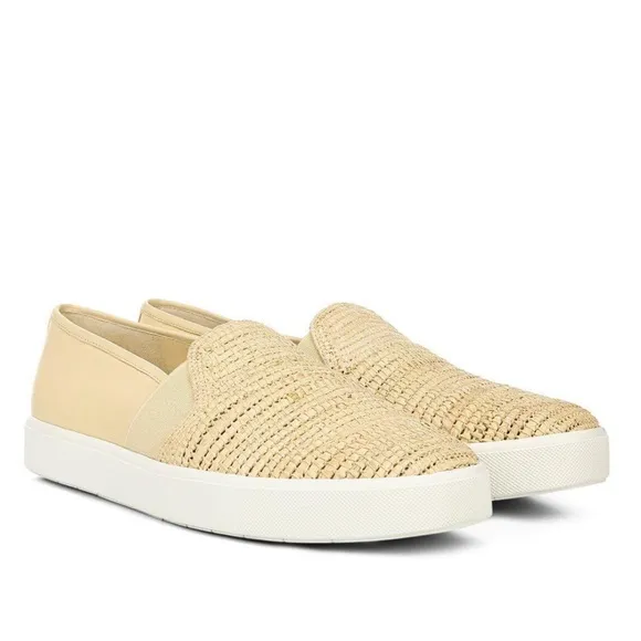 VINCE Natural Beige Raffia Cushioned Woven Goring Blair Slip On Sneakers