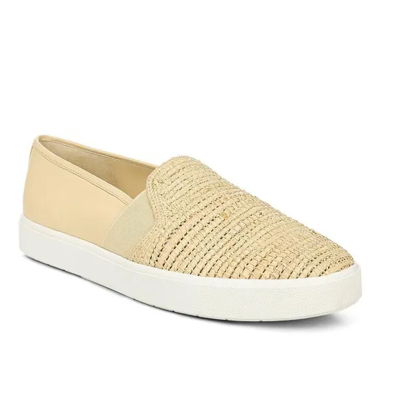 VINCE Natural Beige Raffia Cushioned Woven Goring Blair Slip On Sneakers