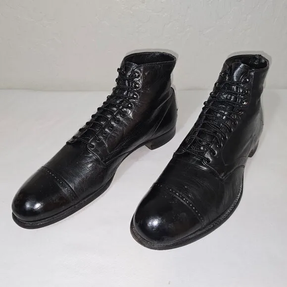 Vintage 1920's - 1930's Men's Black Leather Lace Up Cap Toe Ankle Boots Size 10