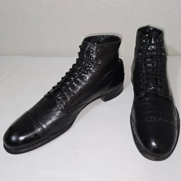 Vintage 1920's - 1930's Men's Black Leather Lace Up Cap Toe Ankle Boots Size 10