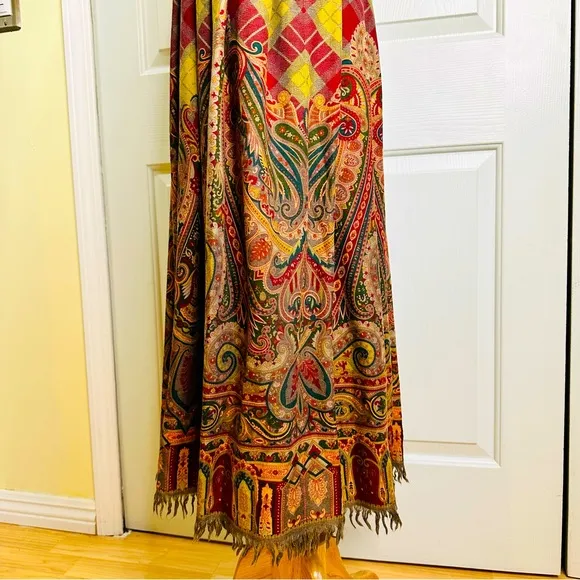 Vintage ‘80s Ralph Lauren Paisley Pleats Fringes Wool Silk Slip Pockets Size 8