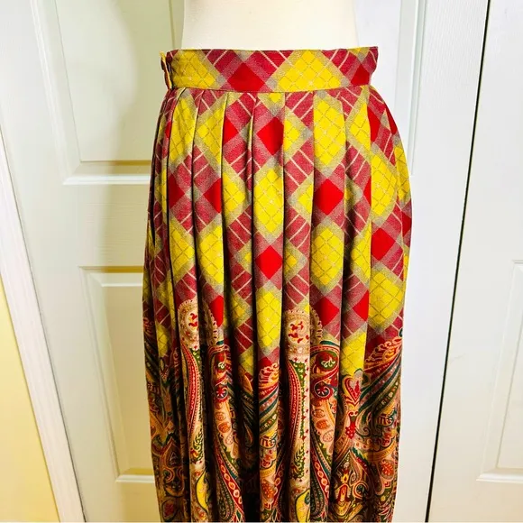 Vintage ‘80s Ralph Lauren Paisley Pleats Fringes Wool Silk Slip Pockets Size 8