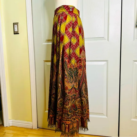 Vintage ‘80s Ralph Lauren Paisley Pleats Fringes Wool Silk Slip Pockets Size 8