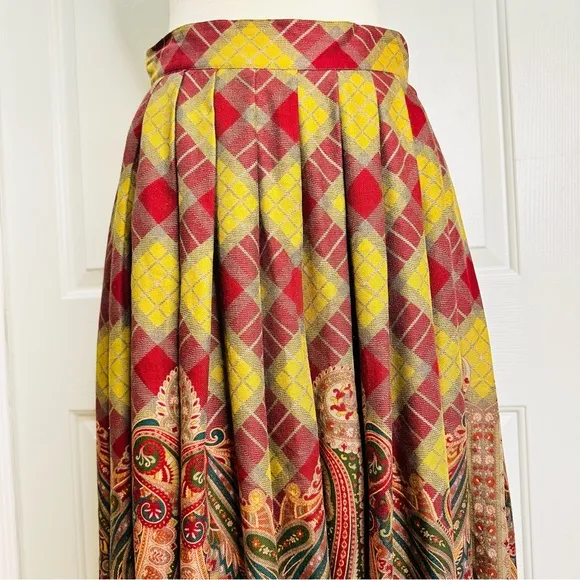 Vintage ‘80s Ralph Lauren Paisley Pleats Fringes Wool Silk Slip Pockets Size 8