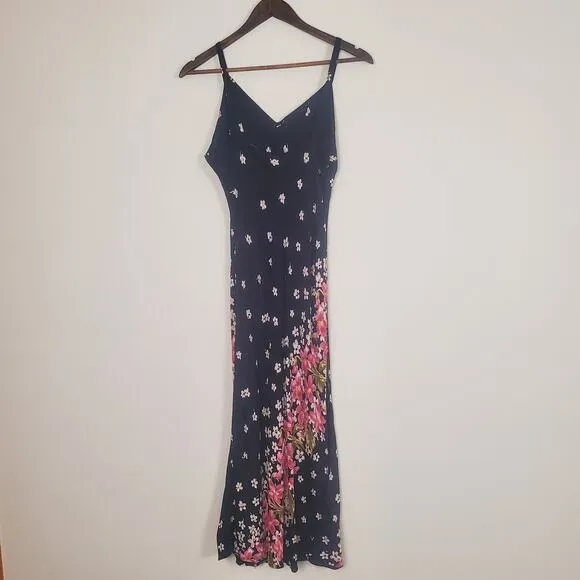 Vintage 90s Black Blush Magenta Pink Floral Midi Maxi Slip Dress Womens Medium
