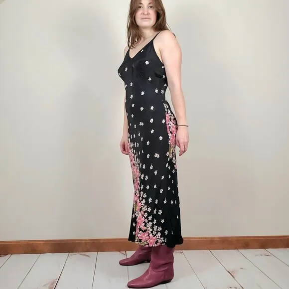 Vintage 90s Black Blush Magenta Pink Floral Midi Maxi Slip Dress Womens Medium