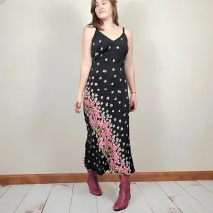 Vintage 90s Black Blush Magenta Pink Floral Midi Maxi Slip Dress Womens Medium