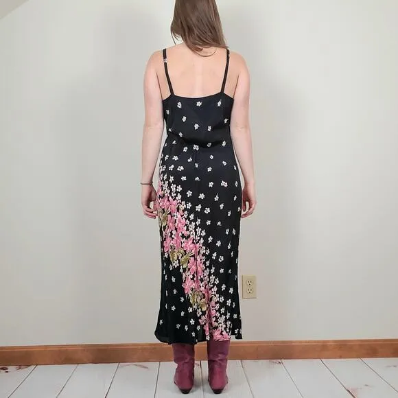 Vintage 90s Black Blush Magenta Pink Floral Midi Maxi Slip Dress Womens Medium