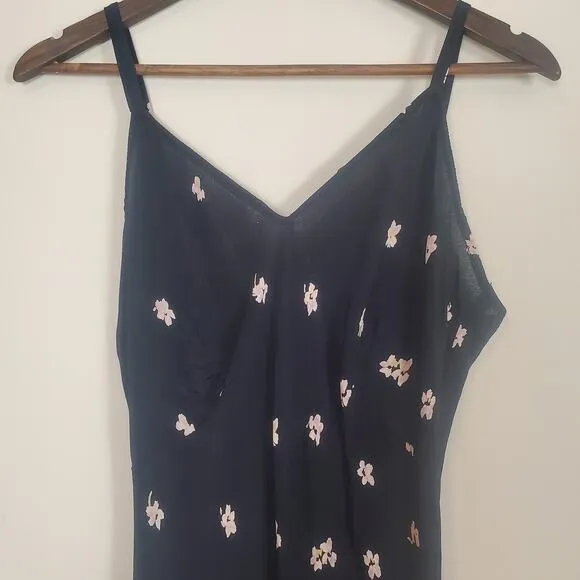 Vintage 90s Black Blush Magenta Pink Floral Midi Maxi Slip Dress Womens Medium