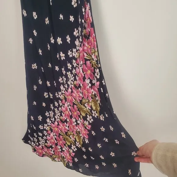 Vintage 90s Black Blush Magenta Pink Floral Midi Maxi Slip Dress Womens Medium
