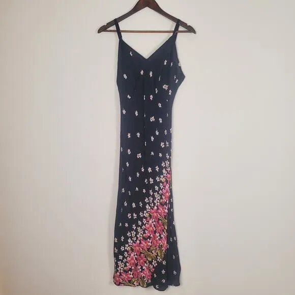 Vintage 90s Black Blush Magenta Pink Floral Midi Maxi Slip Dress Womens Medium