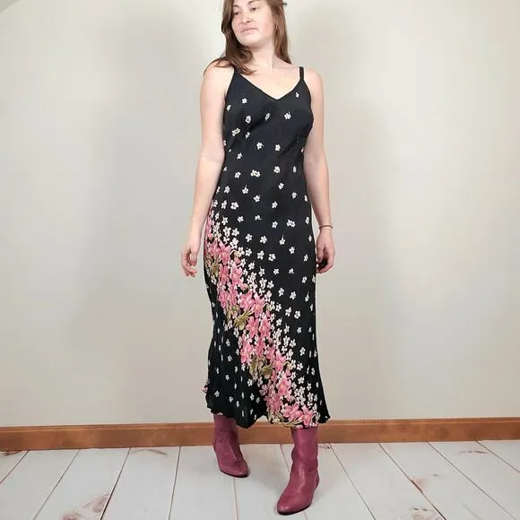 Vintage 90s Black Blush Magenta Pink Floral Midi Maxi Slip Dress Womens Medium