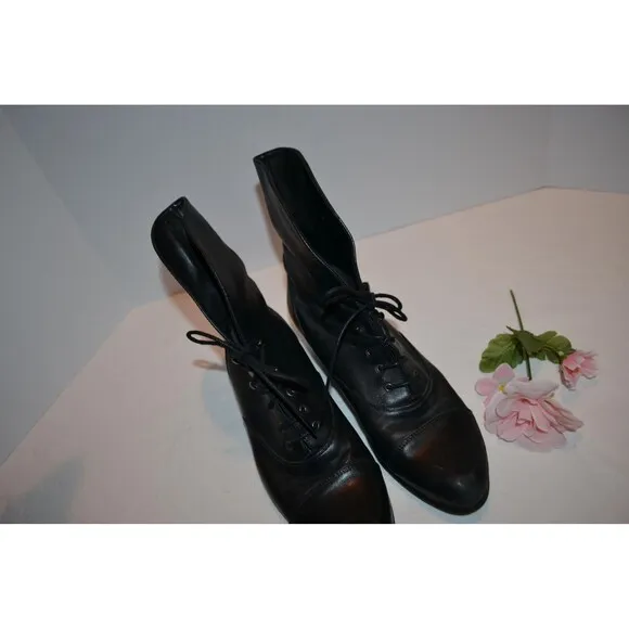 Vintage Boot Black Laces Spanish Flamenco Granny Pixie Leather