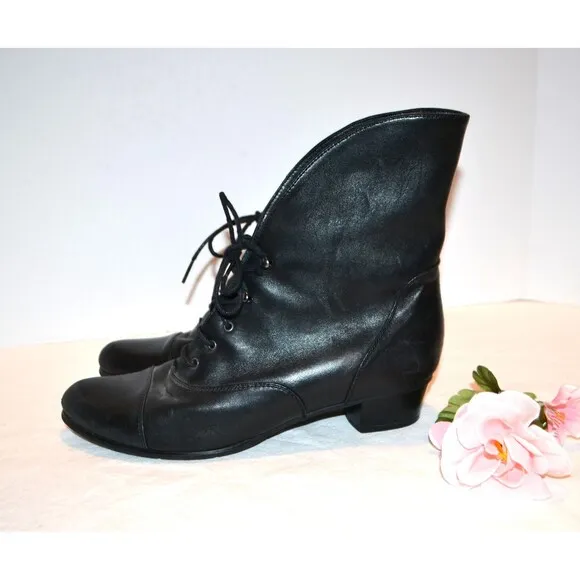 Vintage Boot Black Laces Spanish Flamenco Granny Pixie Leather