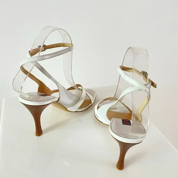 Vintage Escada Feminine Kitten Heel Sandals in White Croc Embossed Leather