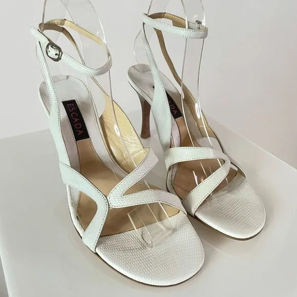 Vintage Escada Feminine Kitten Heel Sandals in White Croc Embossed Leather