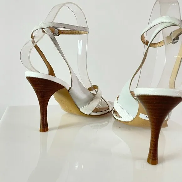 Vintage Escada Feminine Kitten Heel Sandals in White Croc Embossed Leather