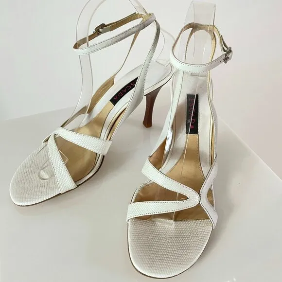 Vintage Escada Feminine Kitten Heel Sandals in White Croc Embossed Leather
