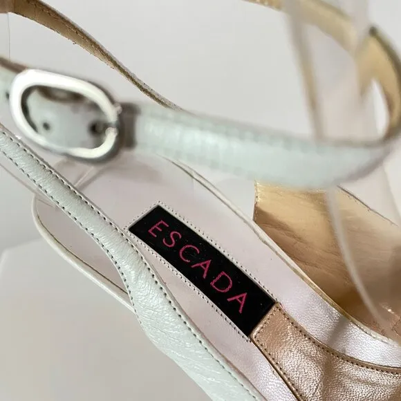 Vintage Escada Feminine Kitten Heel Sandals in White Croc Embossed Leather