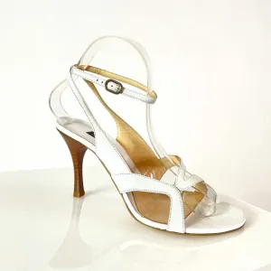 Vintage Escada Feminine Kitten Heel Sandals in White Croc Embossed Leather