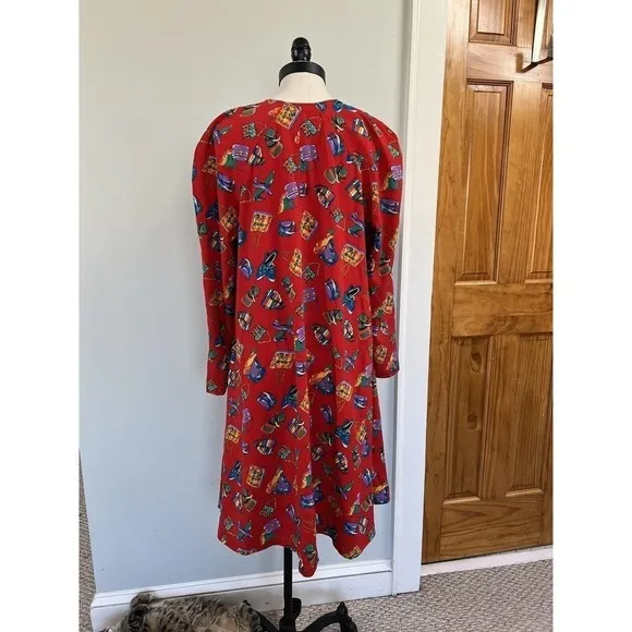 Vintage MS Chaus Swing Coat Dress Red Novelty Print Purses Shoes Button SZ 12