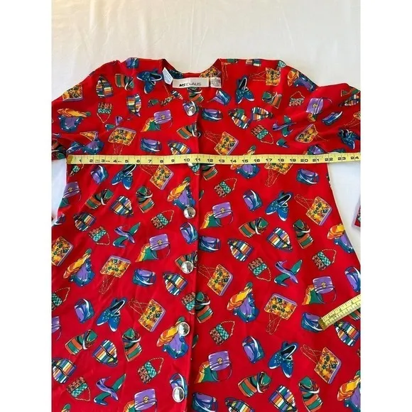 Vintage MS Chaus Swing Coat Dress Red Novelty Print Purses Shoes Button SZ 12