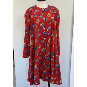 Vintage MS Chaus Swing Coat Dress Red Novelty Print Purses Shoes Button SZ 12
