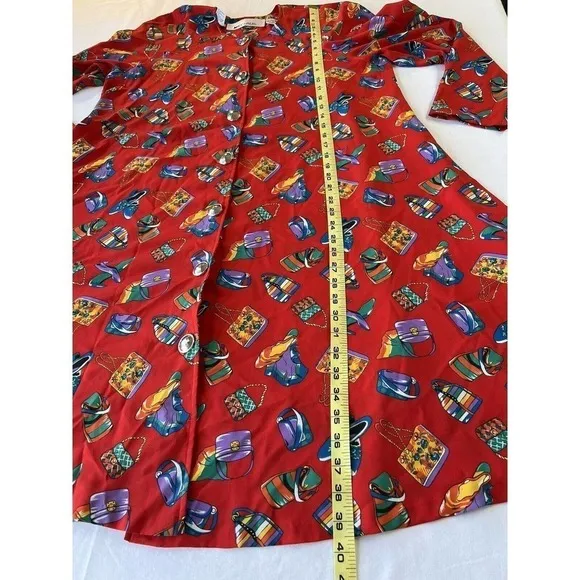 Vintage MS Chaus Swing Coat Dress Red Novelty Print Purses Shoes Button SZ 12