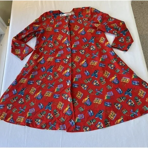 Vintage MS Chaus Swing Coat Dress Red Novelty Print Purses Shoes Button SZ 12
