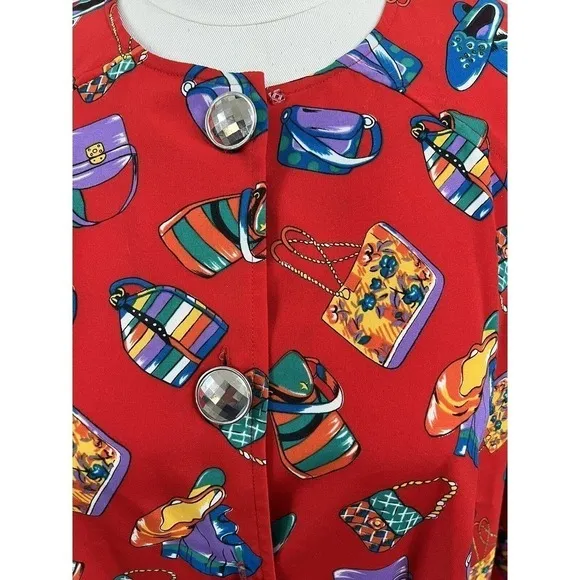 Vintage MS Chaus Swing Coat Dress Red Novelty Print Purses Shoes Button SZ 12